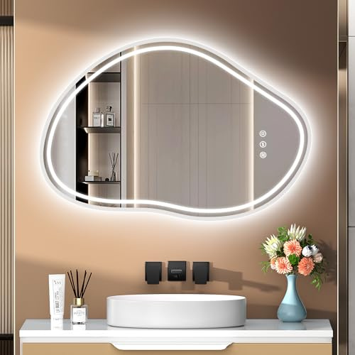 PESENXAN Miroir de salle de bain LED avec éclairage, 80 x 53 cm, miroir asymétrique avec éclairage, 3 couleurs de lumière, intensité variable, anti-buée, interrupteur tactile, IP44, économe en énergie