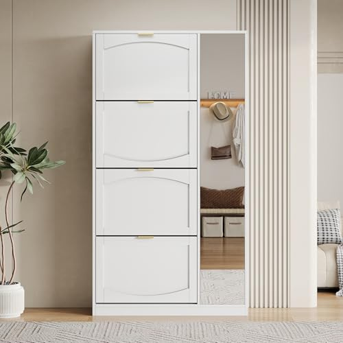 Moimhear Schuhschrank mit Spiegel, 4 klappbaren Aufbewahrungsfächern, verstellbarem Regalbrett hinter dem rechten Spiegel, für den Flur (Stil 9, weiß, 80x24x147cm)