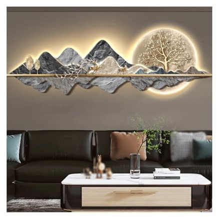 HTYUKFDG Scultura da parete a LED 3D, decorazione artistica da parete tradizionale orientale, scultura da parete con luce decorativa illuminata con montagna e albero, lampada murale per soggiorno e