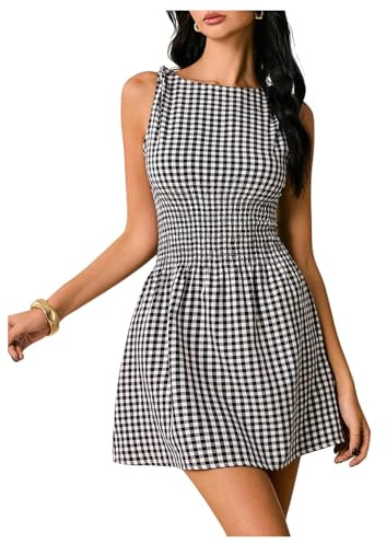 Floerns Women's Tie Shoulder A Line Gingham Dress Boat Neck Mini Checkered Elegant Dresses Black and White Small