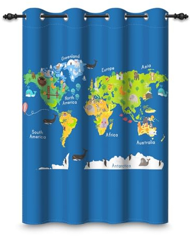 ggaimwf 107x160cm Mappa Tenda con occhielli Cartone animato Blu Mappa del mondo Animali carini nautico Oscurante Tende per finestre per Bambine Bambini Cameretta Camera da letto Soggiorno,1 pannello