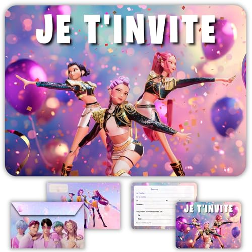 Glowiibo Lot de 12 Cartes Invitation Anniversaire Thème Danse avec Enveloppes Assorties - Idéal Enfant Fille - Cartons Préremplis en Français pour Fête ou Goûter d'Anniversaire