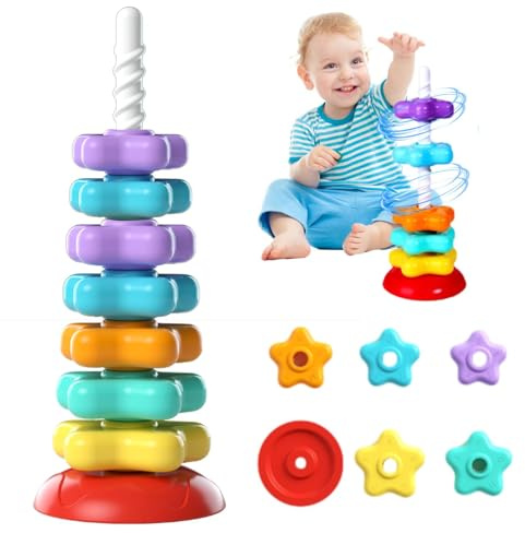 Junerain Torre impilabile Gioco Montessori per Bambini 1-3 Anni, Torre Arcobaleno Girevole, Anelli impilabili Colorati, Giocattolo educativo per Bimbi dai 12 Mesi