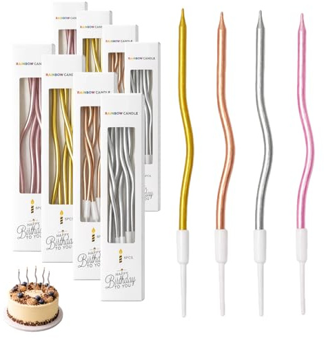48 pezzi Candeline compleanno a spirale curva, candele a spirale colorate con supporto per torte e cupcake, 4 colori, 2 scatole per colore, decorazione elegante