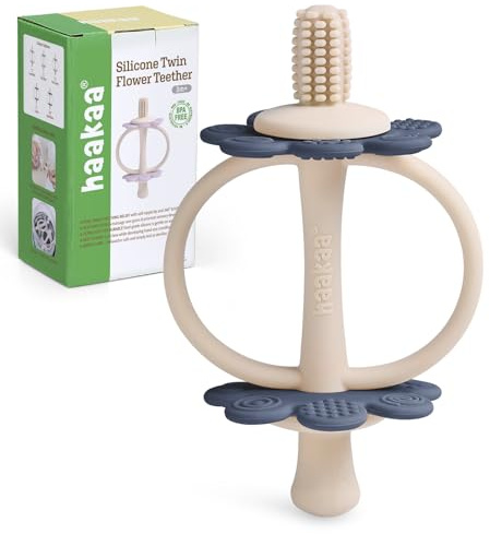 haakaa Mordedor de Silicona para Bebé, Juguete de Dentición 2 en 1 con Punta Tipo Tetina y Cepillo 360°, Masajeador de Encías, Fácil de Agarrar, Azul Acero
