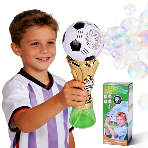 Kenvc Bubble Machine for Kids – Football Trophy Shape, Automatic Bubble Gun Band with Blue LED Light, Leak-Proof, Includes Bubble Solution, Perfect Outdoor Toy for Toddlers Boys & Girls Ages 3-8