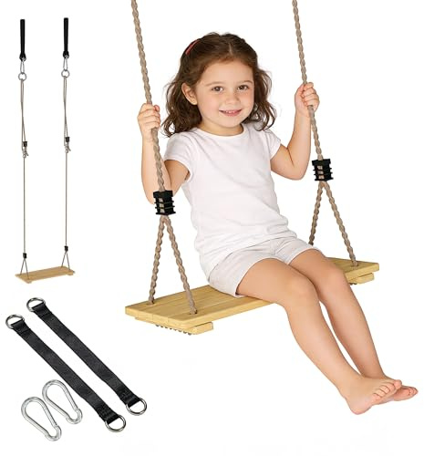 AIYAPLAY Siège de balançoire en bois, balançoire pour enfants avec corde réglable et sangles pour arbre, ensemble de jeux d'extérieur pour véranda, terrasse, jardin, aire de jeux