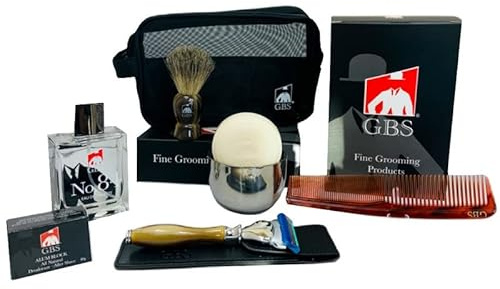G.B.S Men’s Deluxe Travel Doppler Grooming Beard and Wet Shaving Set – Handsome Classic – 22mm Knot Badger Shaving Brush (4” Tall), Faux Horn Handle, 5 Blade Razor - Case, Tortoise Comb