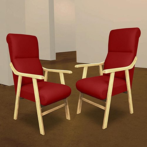 SERMAHOME Pack 2 Sillones butaca Boston, Estructura de Madera de Haya Color Haya. Tapizado en Tela Antimanchas Color Rojo. Sillon para Comedor | Silla geriatrica | Sillon Relax