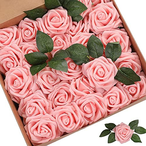 PIQIUQIU Lot de 25 Roses artificielles Fleurs artificielles Roses tête de Rose pour Mariage, d'anniversaire Bouquets de mariée, décoration d'intérieur (Rose Clair)