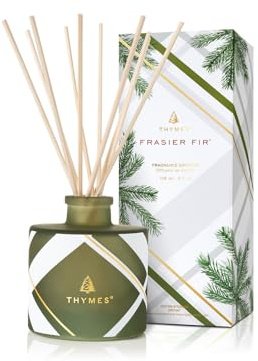Thymes Frasier Fir Reed Diffuser Set – Includes Reeds, Fragrance Oil, and Frosted Glass Bottle – Fragrance Oil Diffuser – Room Fresheners – Luxury Home Decor – Green & White (Frosted Plaid, 4 fl oz)