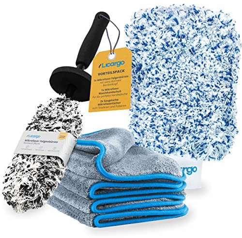 LICARGO® Autowaschhandschuh & Mikrofaser Felgenbürste extra dünn & 2X Mikrofasertücher (1100GSM) - entfernen hartnäckigen Schmutz mühelos - Ideal für Alufelgen - Waschhandschuh Auto