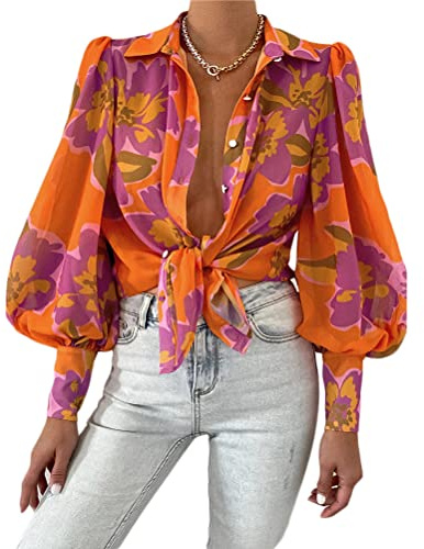 Onsoyours Chemise Mousseline Femme Élégant Imprimé Floral Tempérament Mousseline Soie Top Col V Lanterne Manches Mode Généreuse Blouse Casual À Manches Longues Hauts A Orange L