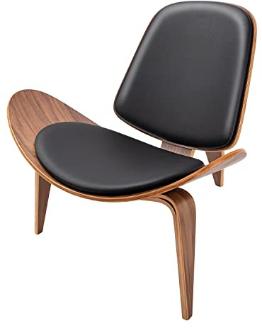 1inchome Mid Century Modern Shell Lounge Chair, Faux Leather, Scandinavian Furniture Tripod Plywood Classic Design Solid Wood Accent Chairs for Living Room, Reading, Lounge, Office, Salon