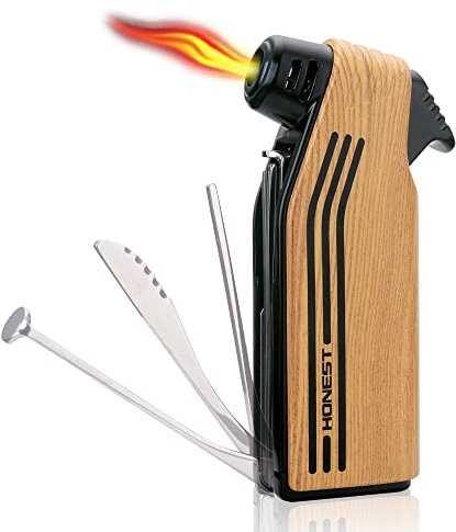 PROMISE Accendino a fiamma morbida Accendino ricaricabile con 3 strumenti per la pulizia dei tubi Accendino a gas multifunzione per candela da campeggio (gas non incluso)(Giallo)