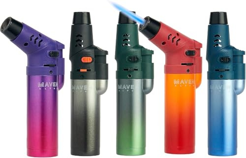 Alpha+ Torch Lighters, 5 Pack, Refillable Butane Gas Lighters, Adjustable Jet Flame, Windproof Mini Pocket Torch for Kitchen, Candles, Cooking, Baking, BBQ, Camping (Butane Not Included) (Gradient)