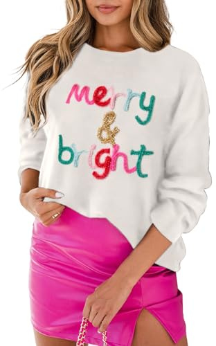 LEMAFER Women's 2025 Christmas Merry Bright Sweater Round Neck Sequin Tinsel Slogan Sweatshirts Long Sleeve Holiday Pullover Tops