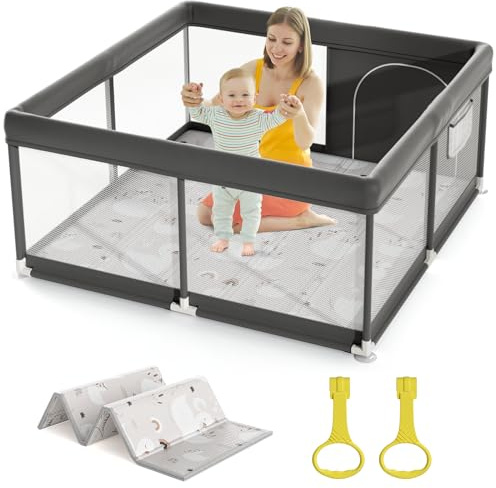 Mloong Parque Infantil Bebe, 120x120cm Corralito Bebe Con Alfombra Bebe, Parque De Juegos Bebé, Con Malla Transpirable en Los Cuatro Lados