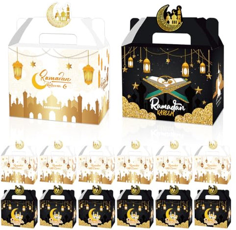 12 Stück Eid Mubarak Geschenkboxen, Ramadan Geschenkschachteln, Eid Geschenktüten Eid Befüllen Box Geschenkkarton Partytüte Ramadan Geschenkverpackung faltbare Leckereien Boxen(Weiß Schwarz)