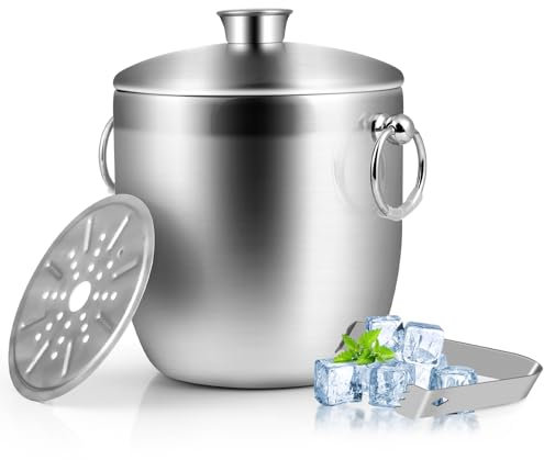 Secchiello Ghiaccio 3L, Euakee Acciaio Inox a Doppia Parete Isolante con Coperchio e Pinze, Portaghiaccio Bar con Manico per Feste, Birra, Cocktail Bar, Vino Fresco, Champagne