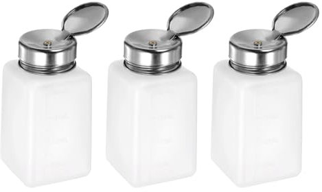 sourcing map 3pcs Solvent Alcohol Dispensers 200ml(6.8oz) Push Down Liquid Dispenser Pump Bottle with Sealing Stainless Steel Lid for Acetone Solution, White