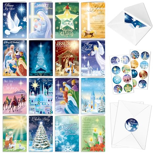 DPKOW Religious Christmas Cards Multipack, 16 Style Christian Christmas Card Greeting Xmas Gift Card Nativity Cards with Envelopes and 16 Sealing Stickers for Kids and Family, Blank Inner