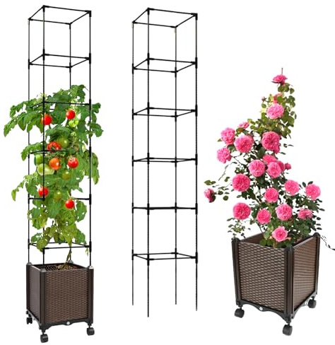 Jayhalo 71inch Planter Boxes Outdoor, 3-in-1 Planter Box with Trellis with Wheels for Growing Vegetables, 6 Layer Tomato Cage with Tomato Planters, Self Watering for Indoor Outdoor Use