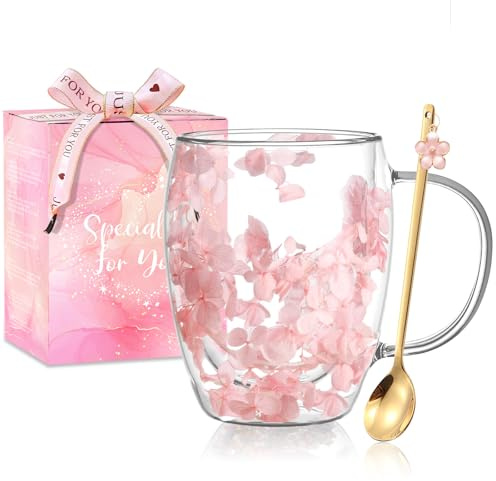 Cadeaux pour Femmes Tasse à Café en Verre à Double Paroi avec Fleurs Séchées Jolies Tasses à Thé avec Poignées Isolées Cadeaux de Noël et d'Anniversaire pour Votre Meilleure Amie Professeure Maman