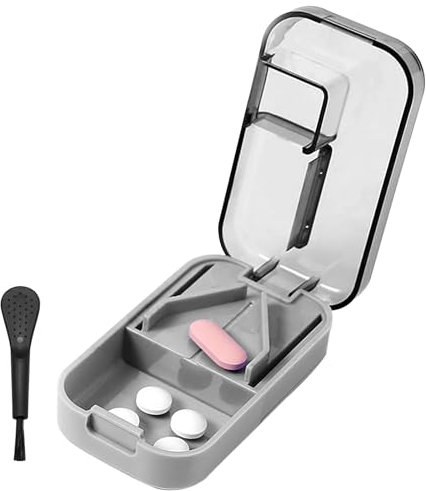 WOLMIK Petit coupe-comprimés – Séparateur de pilules portable avec brosse pour petits et grands pilules coupés en demi-quart, coupe et stockage 2 en 1 Distributeur de pilules pour personnes âgées,