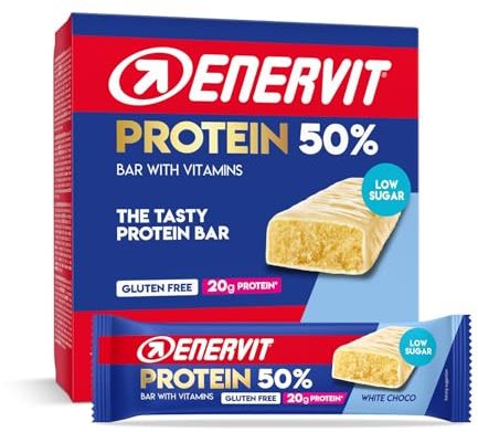 Enervit, Barrita Proteica 50% White Choco, 20g de Proteínas, Baja en Azúcar, con Vitaminas D y B6, Para la Recuperación Después del Deporte, Sabor Chocolate Blanco, Sin Gluten, 12 Barritas de 40g