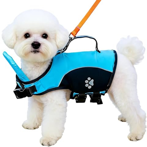 Dog Life Jacket for Swimming and Boating, High Flotation Safety Vest with Rescue Handle, Adjustable Reflective Lightweight Pet Life Preserver for Small and Medium Dogs (Blue, L)