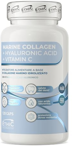 EthicSport Marine Collagen – Collagene Marino Idrolizzato 2200 mg + Acido Ialuronico 120 mg + Vitamina C – Per Pelle, Articolazioni e Tessuti Connettivi – 120 Capsule Vegetali