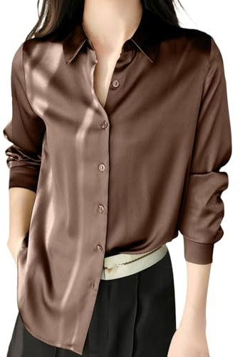 Generisch Camiseta de manga larga para mujer, blusa de mujer, blusa de seda de satén, camisa con botones, informal, suelta, manga larga, trabajo de oficina, blusa de edición larga, café, L