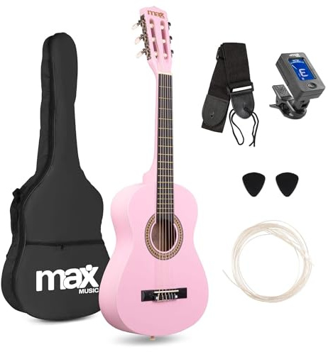 MAX SoloArt Junior 1/4 guitarra acústica infantil con cuerdas de nailon, set completo con correa, púas, cuerdas extra, afinador digital y funda mochila para niños 3-6 años