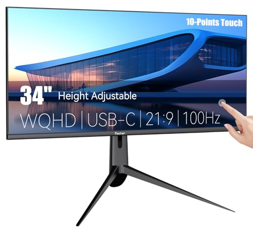 34 WQHD 3440×1440P Touchscreen Monitor 350cd/m², 3000:1 Contrast, Narrow Bezel Large Computer Touch Display 100Hz, USB-C, USB-B, USB-A, DP, HDMI, Height/Swivel/Tilt Adjustable PC Touch Screen, Black