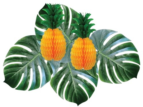 Beistle Tropical Décor Bundle – 2 Tissue Pineapple Centerpieces and 4 Fabric Monstera Palm Leaves, Vibrant Luau Party Decorations for Summer Events, Tiki Themes, Beach Parties & Island Celebrations