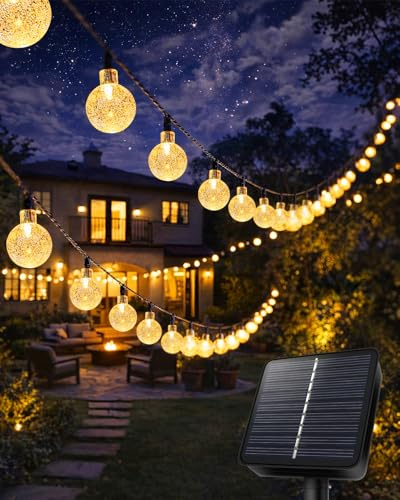 Auting Catena di luci a energia solare per esterni, 8 m, 30 LED, 8 modalità, IP65 sfere di cristallo, impermeabile, per giardino, balcone, terrazza, Natale, matrimoni, feste, alberi, bianco caldo