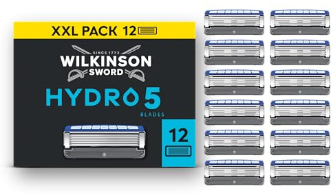 Wilkinson Sword Hydro 5 mäns rakhyvlar blad, XXL-pack, mäns rakhyvel ersättningsbladpaket, hudhydrering, kolbelagda blad, 12 reservblad