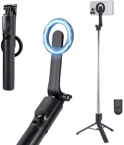 Perche a Selfie Magnétique, Mini Trepied Smartphone avec Télécommande et Deux Anneaux magnétiques, Perche Telephone pour iPhone, Android, Selfie, Vlog et Enregistrement Vidéo