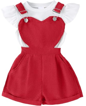 JENJON Completo Salopette Corta per Bambina Vestiti Set Top a Coste a Maniche Corte Con Volant + Pantaloncini Con Bretelle Regolabili 2 Pezzi Estivo Abiti Set Cuore rosso 3-4 Anni