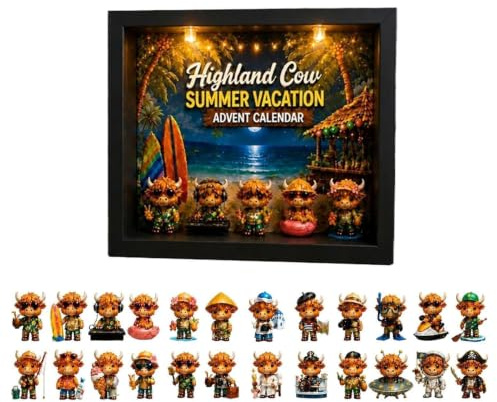 Highland Cow sommarsemester adventskalender 2026, 24 dagar mini boskapsfigurer nedräkningskalender med LED-ljusram för semesterdekor svart
