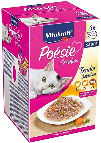 VITAKRAFT- Poésie Création, Sélection Tendre, Nourriture Humide pour Chats, en Sauce, avec du Poulet, De La Dinde, du Bœuf, sans Ajout De Sucre Ni De Céréales (1 Paquet De 6X85G)