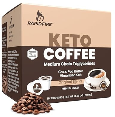 Rapidfire Original Flavor High Performance Keto Coffee Pods, Supports Energy & Metabolism, Single Serve K Cup, Brown, 16 Count