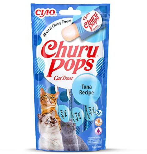 INABA Churu Pops Reich an Hühnerfleisch & Thunfisch Katzenleckerlis, Getreidefrei, Zuckerfrei, Keine Nebenerzeugnisse, 88% Feuchtigkeit, nur 7 kcal pro Tube, Premium Katzen Leckerlies 60 g (1er Pack)