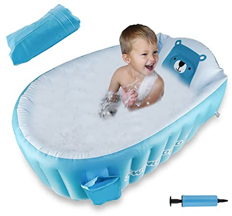 Aufblasbare Babybadewanne, AolKee Tragbare Aufblasbare Badewanne Faltbar, Planschbecken baby, Schwimmbad kinder, wiederverwendbare weiche Reise-Babybadewanne (für 0-5 Jahre) + Luftpumpe, blau
