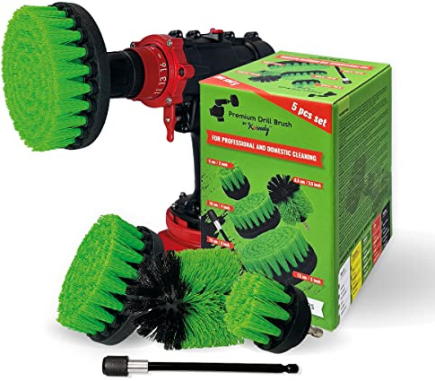 Kornely Brosse de Perceuse Premium – Mi-Dure 5 pièces (13/10/8,5/5 cm + rallonge 15 cm) | Brosse Anti-Rayures pour Plans de Travail, Plaques, Fours et Linoléum