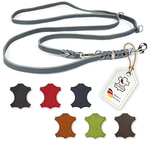 CopcoPet Fettlederleine für Hunde 3-Fach verstellbar Hundeleine aus weichem Leder mit Karabinern & Beschlägen aus Chrom geflochtene Führleine 100% Handmade in Germany 2,0 m x 8 mm Grau