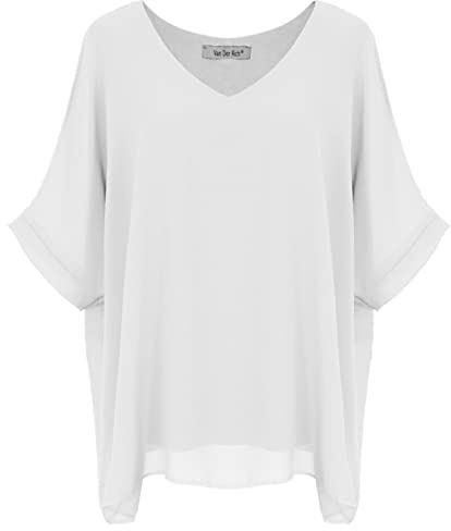 Van Der Rich ® - Blusa Holgado de Gasa con Cuello en V Forro Interior - Mujer (Blanco, M-L)