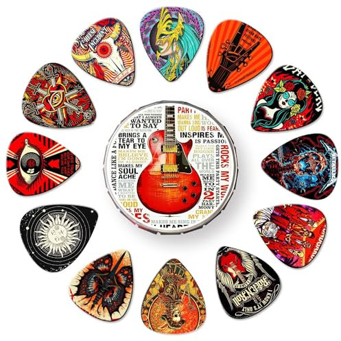 12er-Set Gitarrenplektren – Dünn, Mittel, Schwer und Extra Schwer | Künstlerische Zelluloid-Plektren für Akustik-, E- und Bassgitarre | Robuste Blechdose – Das perfekte Geschenk für Gitarrenliebhaber