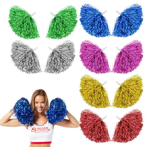 BRTNUP 12 Stück Cheerleader-Pompons, Metallic Rot Gold Blau Grün Silber Lila Cheerleader-Pompons für Sportveranstaltungen, Jubelpartys, Kostümzubehör